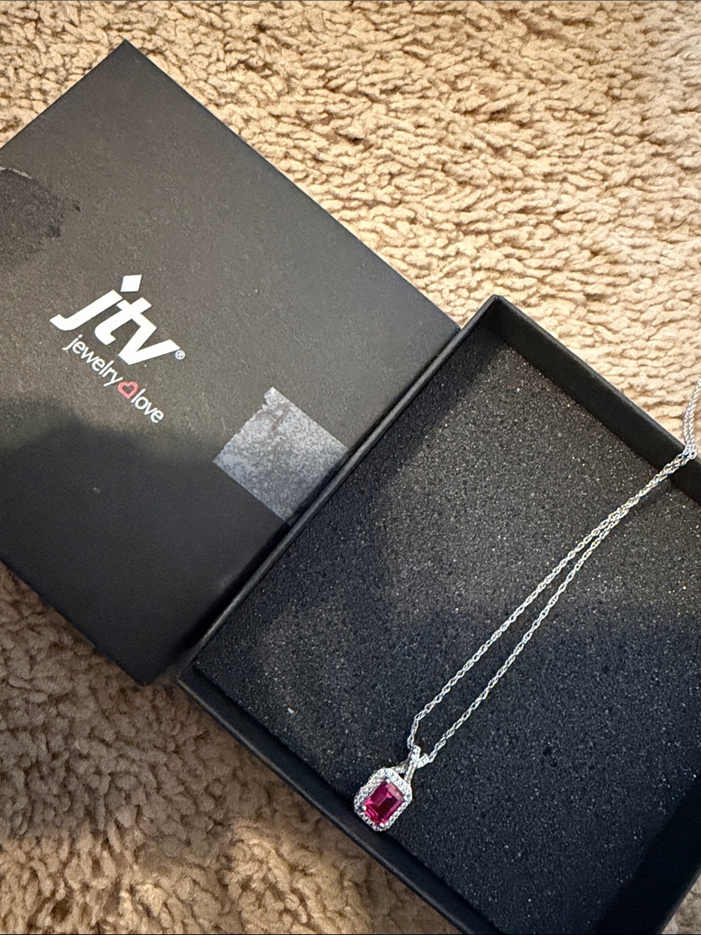 JTV Silver Necklace with Pink Cushion Halo Pendant and Chain